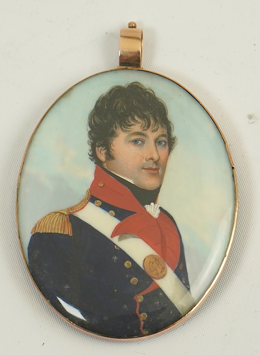 Frederick Buck (1771-1840), Miniature portrait of an army officer, watercolour on ivory, 6.5 x 5cm, gold locket frame with later blue enamelled back, CITES Submission reference FGWU6NF3